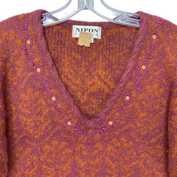 Nipon Studio Women's Vintage Sweater Embroidered Fringe Wool Cotton Red XL - Picture 6 of 16